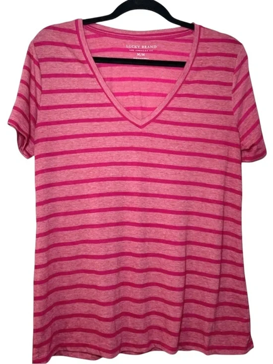 Lucky Brand Women's Pink Striped V-Neck Tee Size Medium - Picture 2 of 6